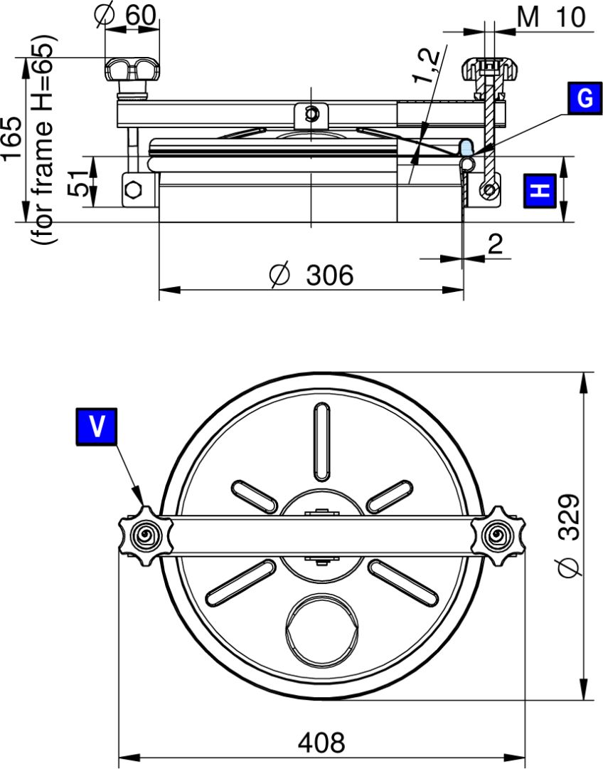 Búvónyílás alsó kerek 306 mm kifelé nyíló (215;216;217;218; 215/B;216/B;217/B;218/B) – 1. műszaki rajz