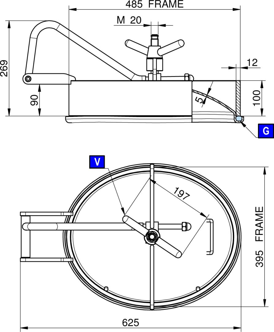 Búvónyílás alsó ovális, zsanérral 485 x 395 mm befelé nyíló (200PES) – 1. műszaki rajz
