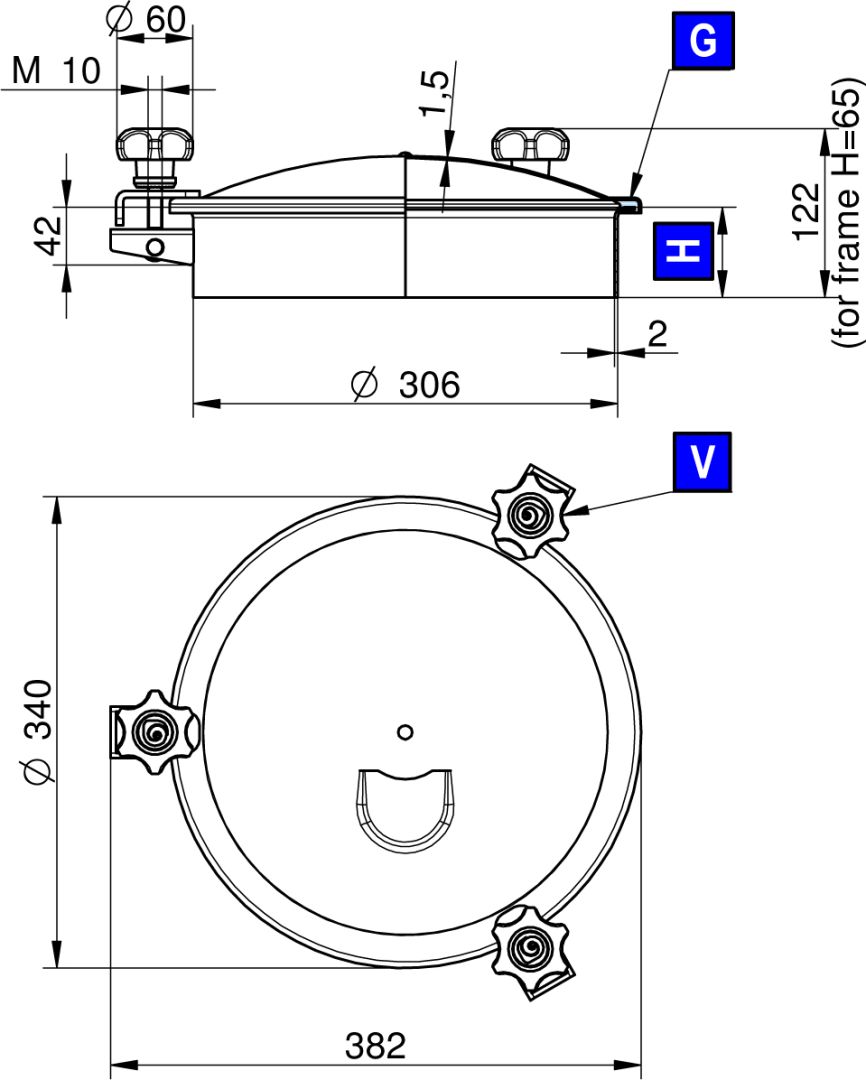 Búvónyílás felső kerek 306 mm kifelenyíló (3V/300;3V/301;3V/302;3V/303) – 1. műszaki rajz