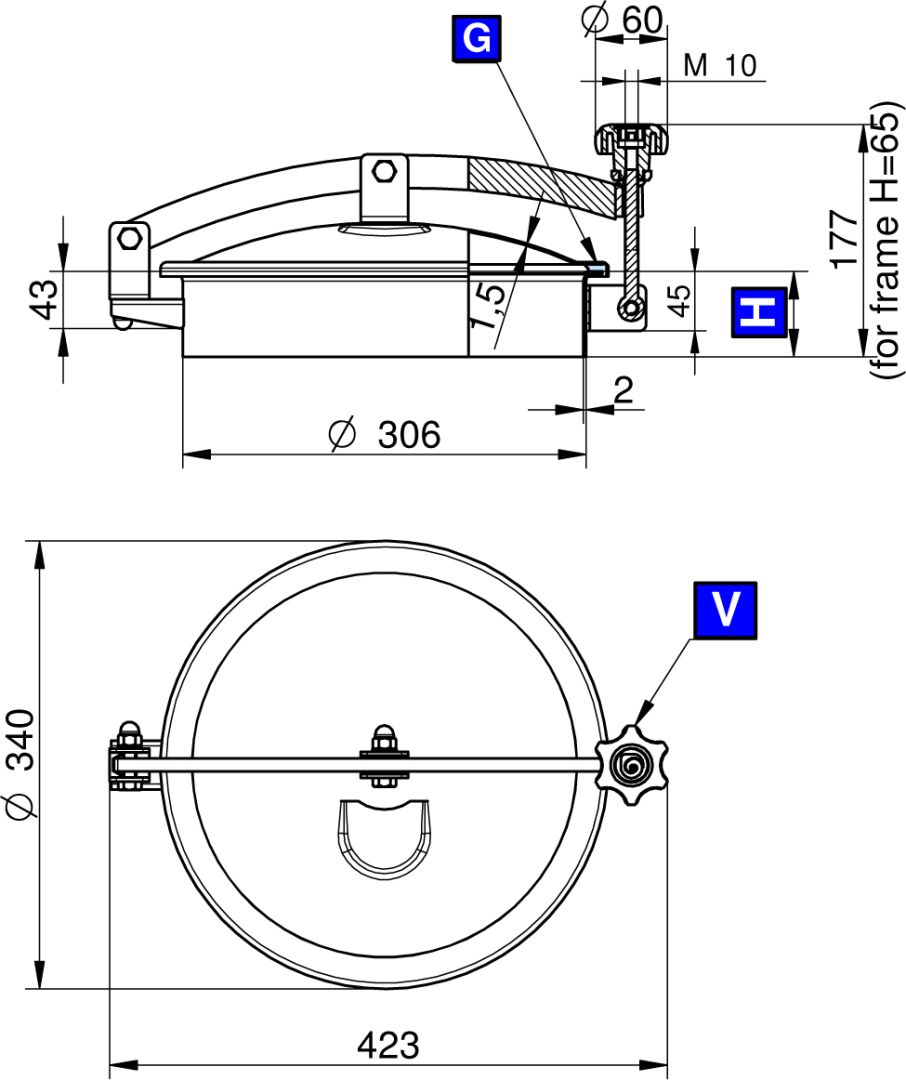 Búvónyílás felső kerek 306 mm kifelenyíló (T1/300;T1/301;T1/302;T1/303;T1/300/B;T1/301/B;T1/302/B;T1/303/B) – 1. műszaki rajz