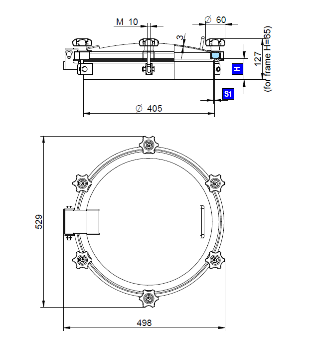 Búvónyílás felső kerek 404 mm kifelenyíló (6V/250;6V/251;6V/252;6V/253; 6V/250B;6V/251/B;6V/252/B;6V/253/B) – 1. műszaki rajz