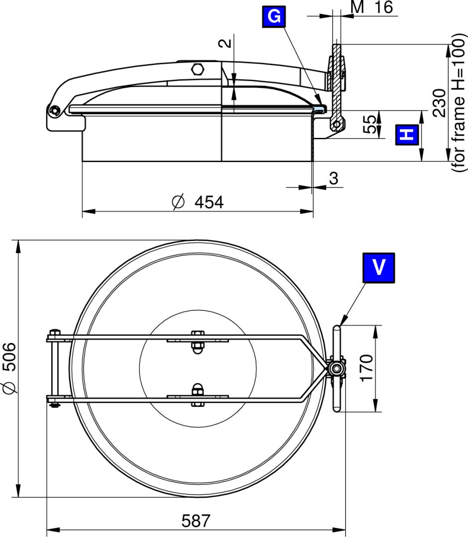Búvónyílás felső kerek 454 mm kifelenyíló (T/450;T/451;T/452; T/450/B;T1/451/B;T1/452/B) – 1. műszaki rajz