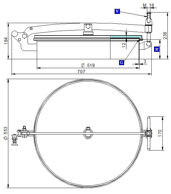 Búvónyílás felső kerek 518 mm kifelenyíló (T1/G500;T1/G501;T1/G502; T1/G500/B;T1/G501/B;T1/G502/B) – 1. műszaki rajz